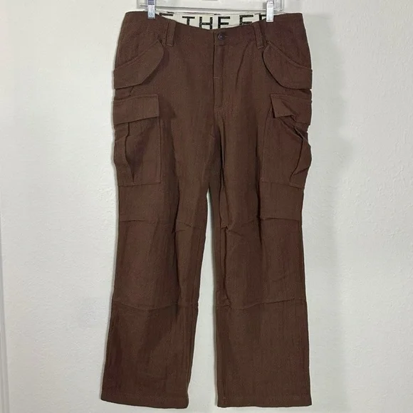 Free People Herringbone Textured Dark Academia Brown Cargo Pants Size 12 NWT - Picture 10 of 17